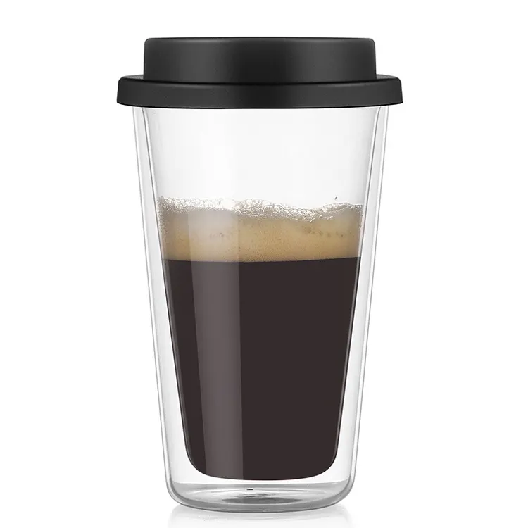 Tazza di vetro da viaggio a doppia parete da 12 once tazza di caffè fatta a mano all'ingrosso tazza di caffè personalizzata con coperchio in Silicone