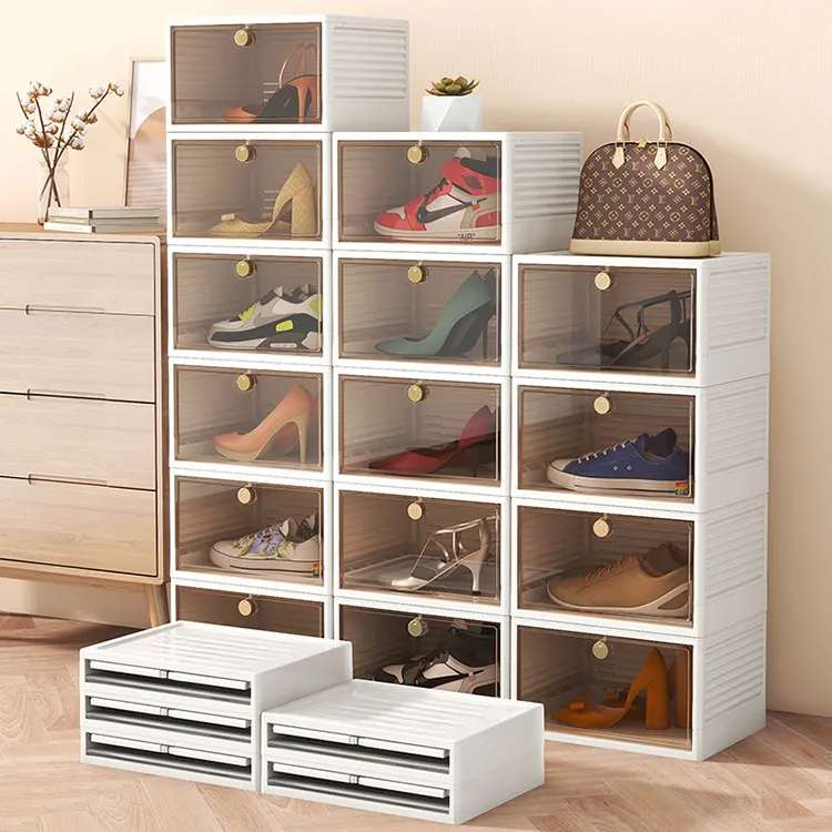 Precio de fábrica de sésamo, venta al por mayor, caja de almacenamiento de zapatos plegable apilable, pantalla de plástico transparente, caja de almacenamiento plegable para zapatillas