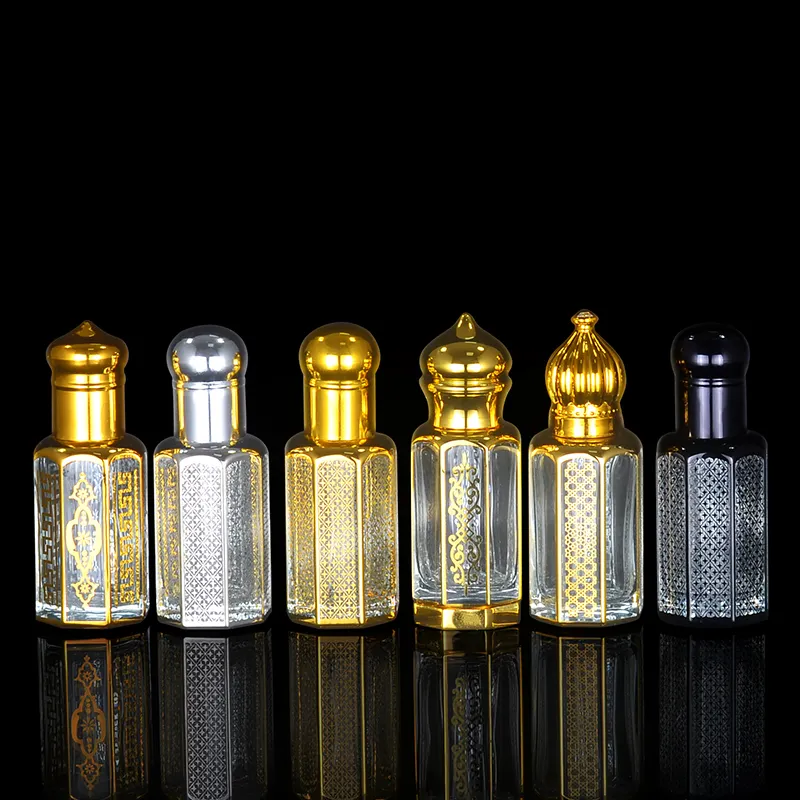 3ml 6ml 12ml árabe dubai preto vidro dourado vazio garrafa de perfume oud octagonal attar óleo garrafa para perfume óleo essencial