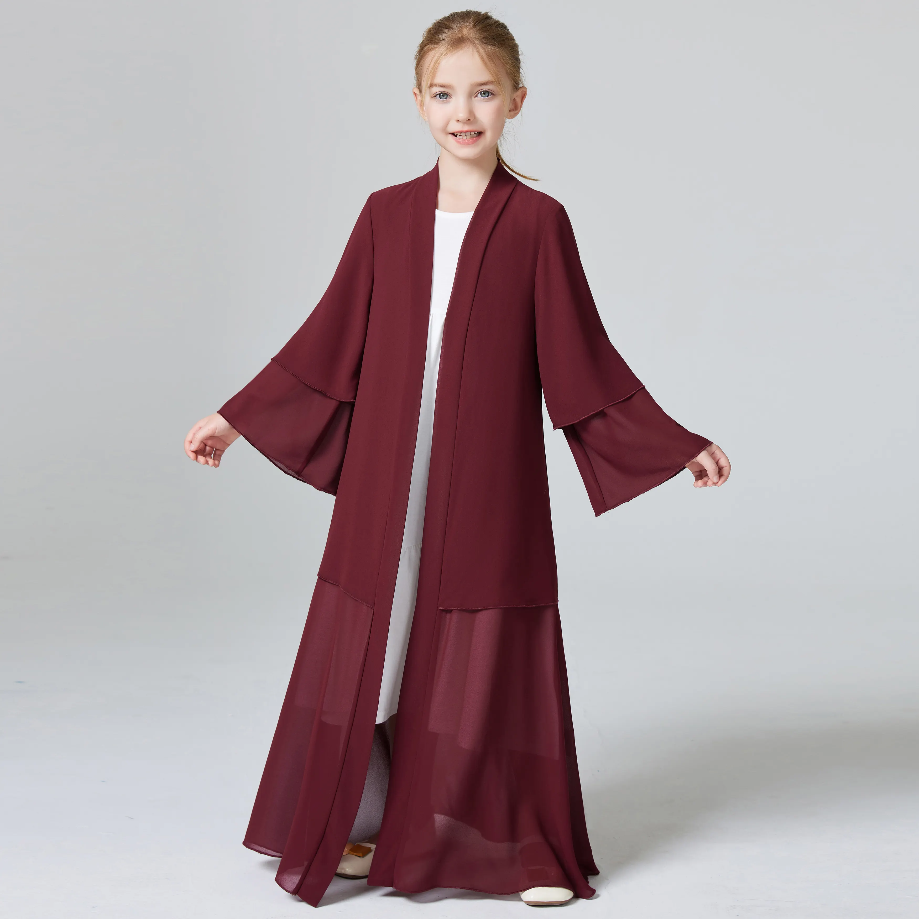 Pringbud Ramadan Keda Dubai muslimisches Mädchenzweilagiger Chiffon-Kardigan abaya solides Kleid