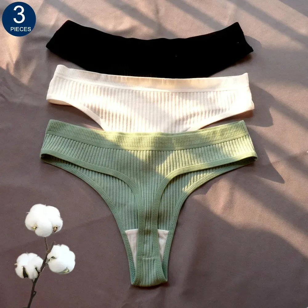 3 Pcs Sem Costura Senhoras Com Nervuras De Algodão Tanga Simples Cintura Baixa Das Mulheres Bikini Briefs Sports Girls Underwear Plus Size