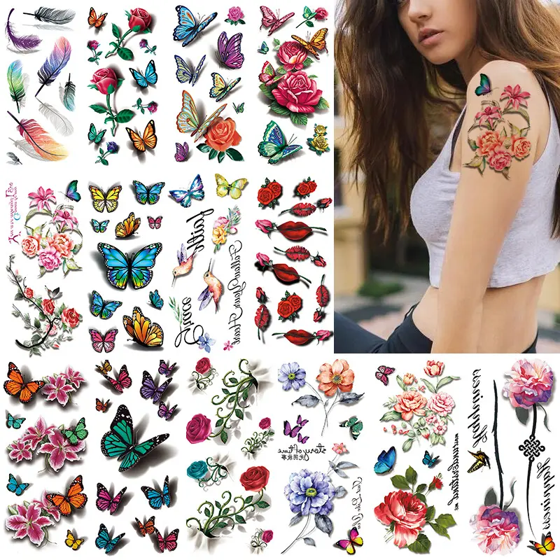 Autocollant intelligent en gros tatouage de fleur jetable de tatouage de papillon 3d