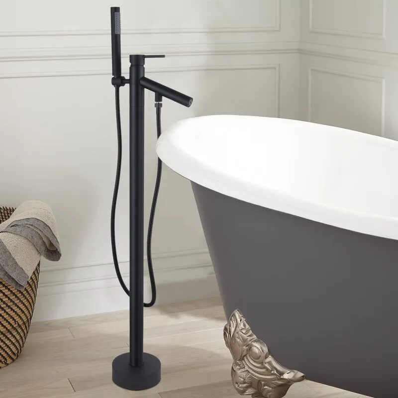 Hot selling freestanding brass floor-mount bathroom black bathtub faucet set