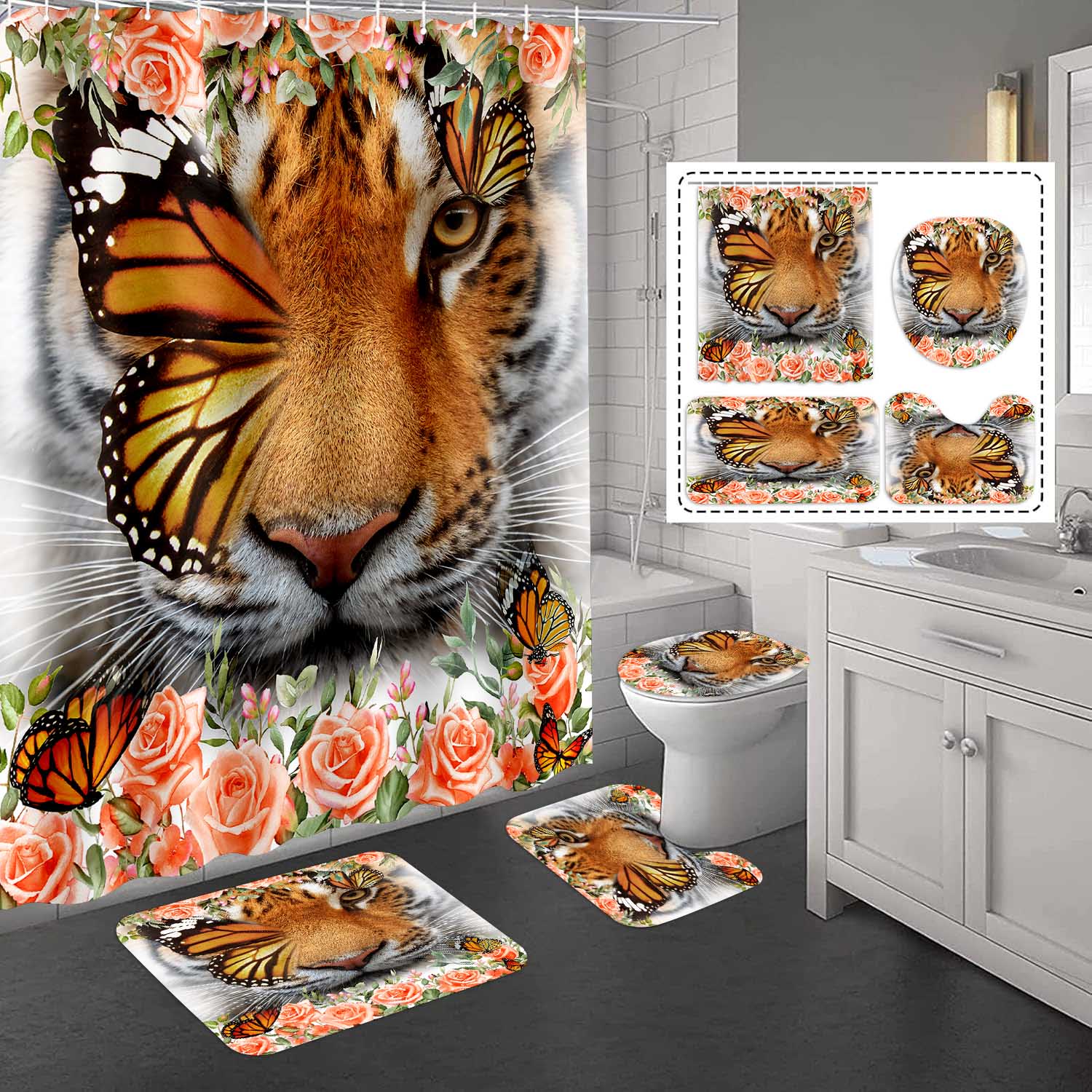 Lion (10) Tigre orange chaud avec fleurs roses