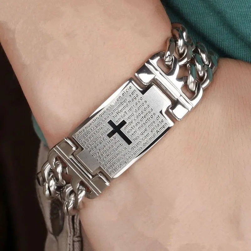 Punk Hip Hop Cross Aço Titanium Christian Jewelry Itens Religiosos Católicos Bíblia Sagrada Aço Inoxidável Pulseira Cruz dos homens
