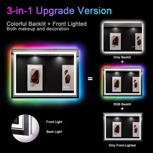 RGB LED espelho do banheiro com 11 cores reguláveis 8 retroiluminação e 3 cores dianteiras Iluminado Square Design