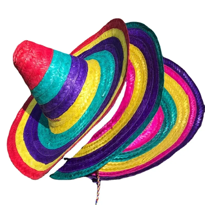 Sombrero de palha artesanal promocional, chapéu de carnaval para festas, chapéu de bambu trançado com borda arco-íris