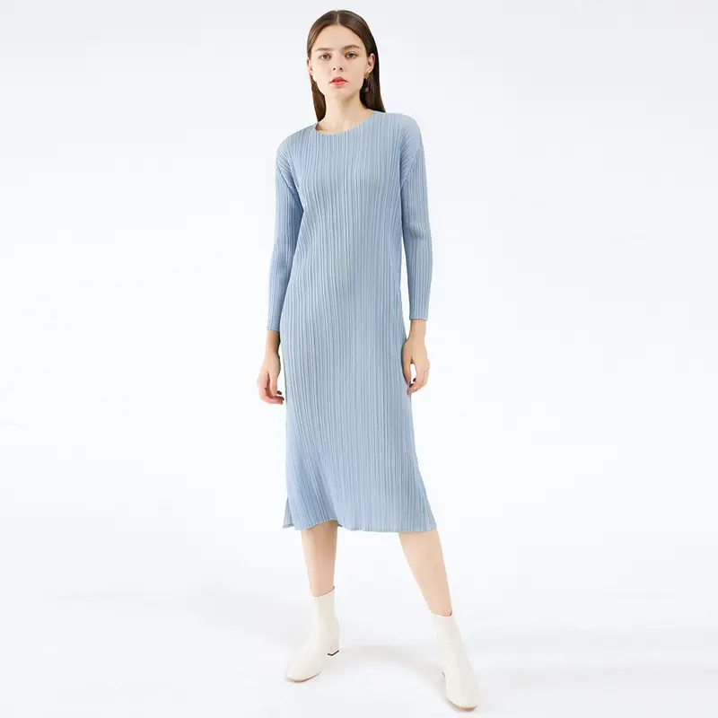Pleated Basic Long Sleeve Solid Color Dress Women's Mid-Length Simple Slim Fit Slit Spring And Autumn Base Skirt