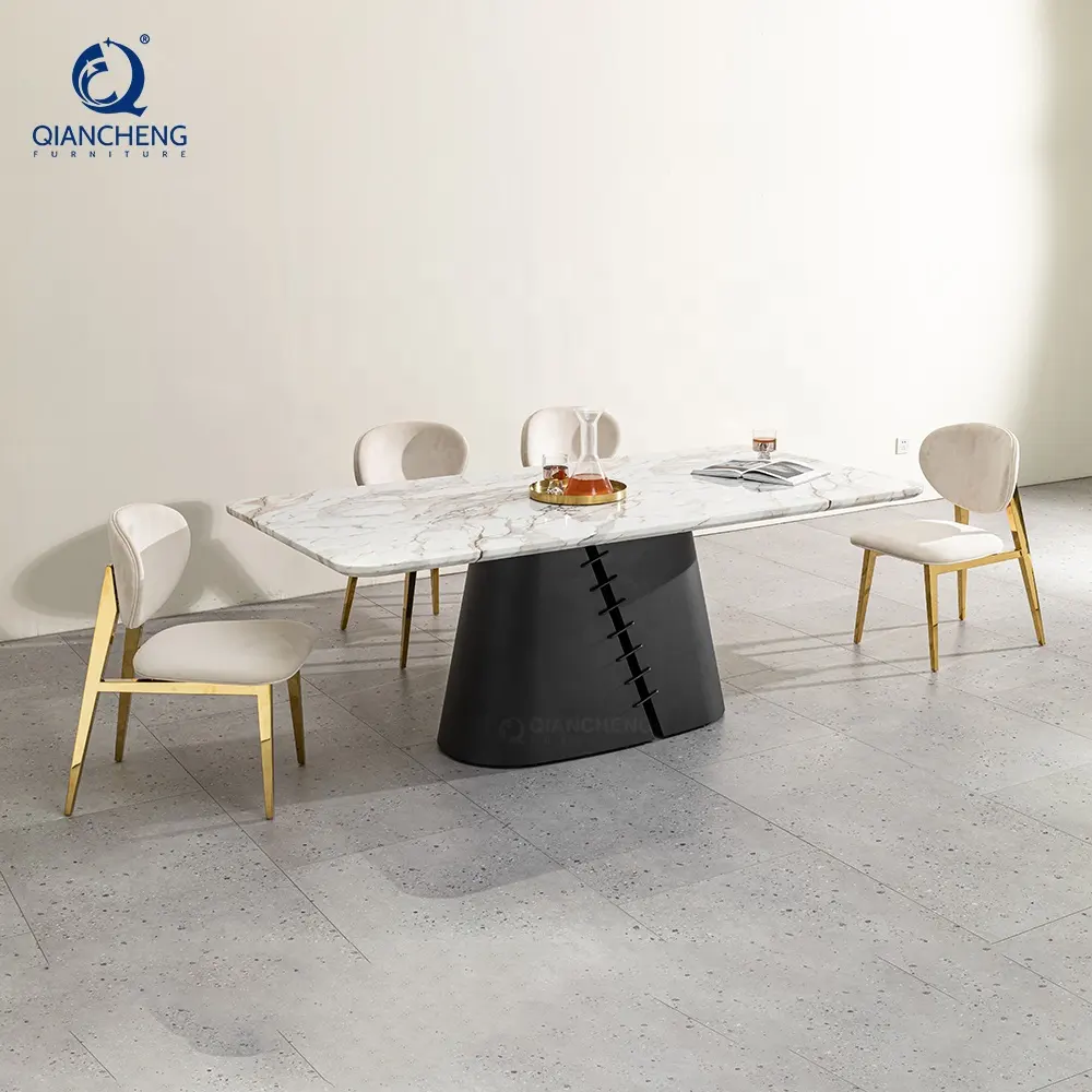 QIANCHENG estilo quente luxo casa mobiliário fornecedor mármore retangular mesa de jantar conjunto moderno esstisch preto e ouro jantar conjunto