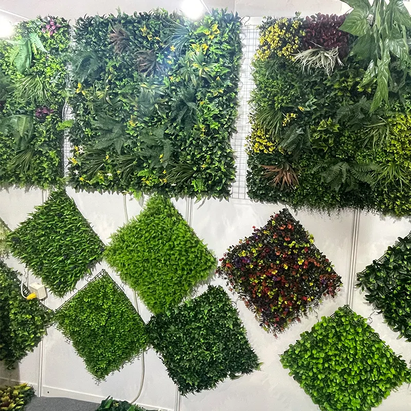 Painéis de parede de plantas artificiais, borda de paisagem, folhas verdes, grama artificial, decoração de parede de gramado