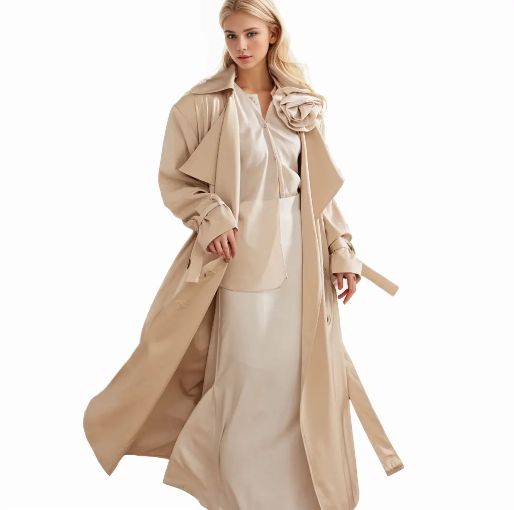 Coupe-vent personnalisé de meilleure qualité pour femmes nouveau printemps automne coupe ajustée revers à lacets fleur broderie Long manteau pour femmes Trench