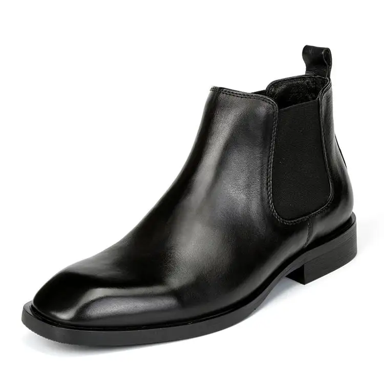 รองเท้าบูทเชลซีหนังสำหรับผู้ชาย,รองเท้าบูทหนังแท้กันน้ำได้รองเท้าบูทเชลซีหุ้มข้อหัวสี่เหลี่ยมสีดำพร้อมบล็อกส้นฤดูใบไม้ร่วง