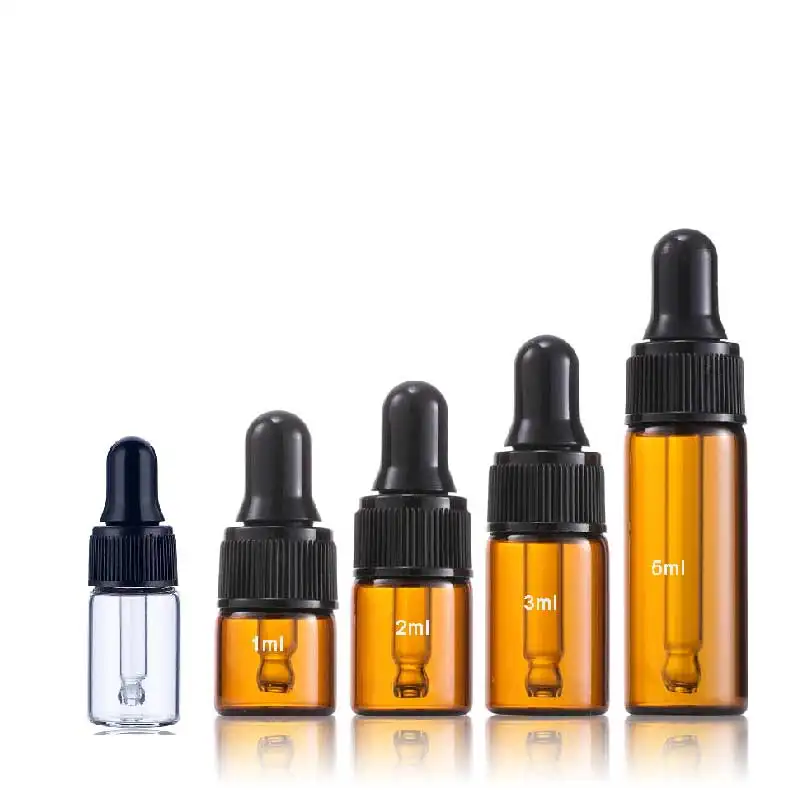 In Stock 1ml 2ml 3ml 5ml Mini Sample Vials Clear Amber Glass Dropper Bottle For Essential Oil