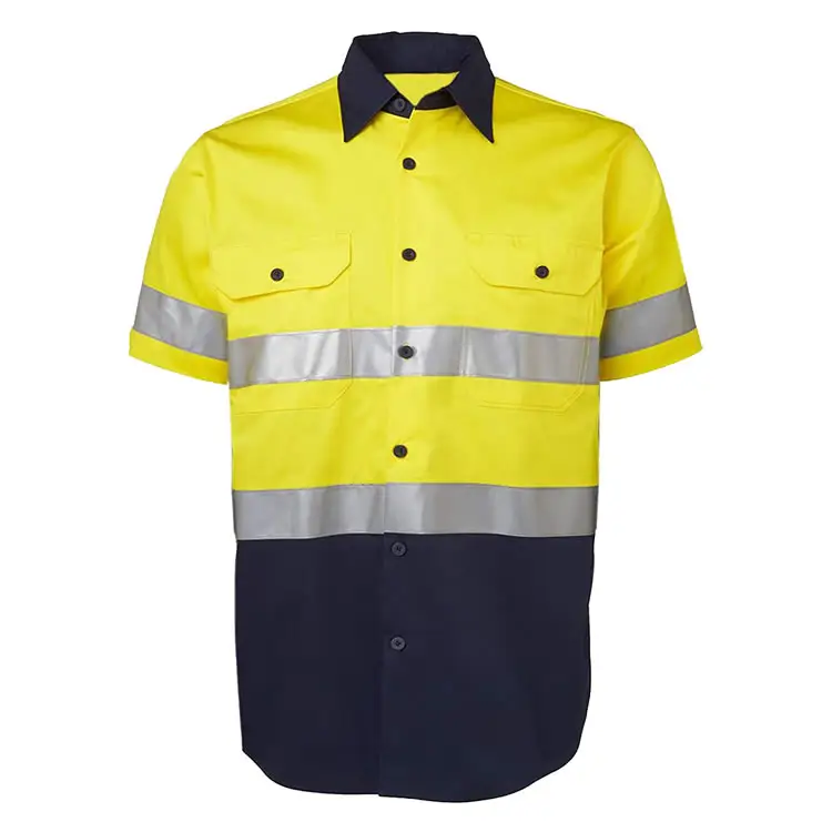 Hot Sale High Visibility 100% Cotton Yellow / Navy Coal Mining Construction Short Sleeve Reflective Safety Hi Vis Work Shirt