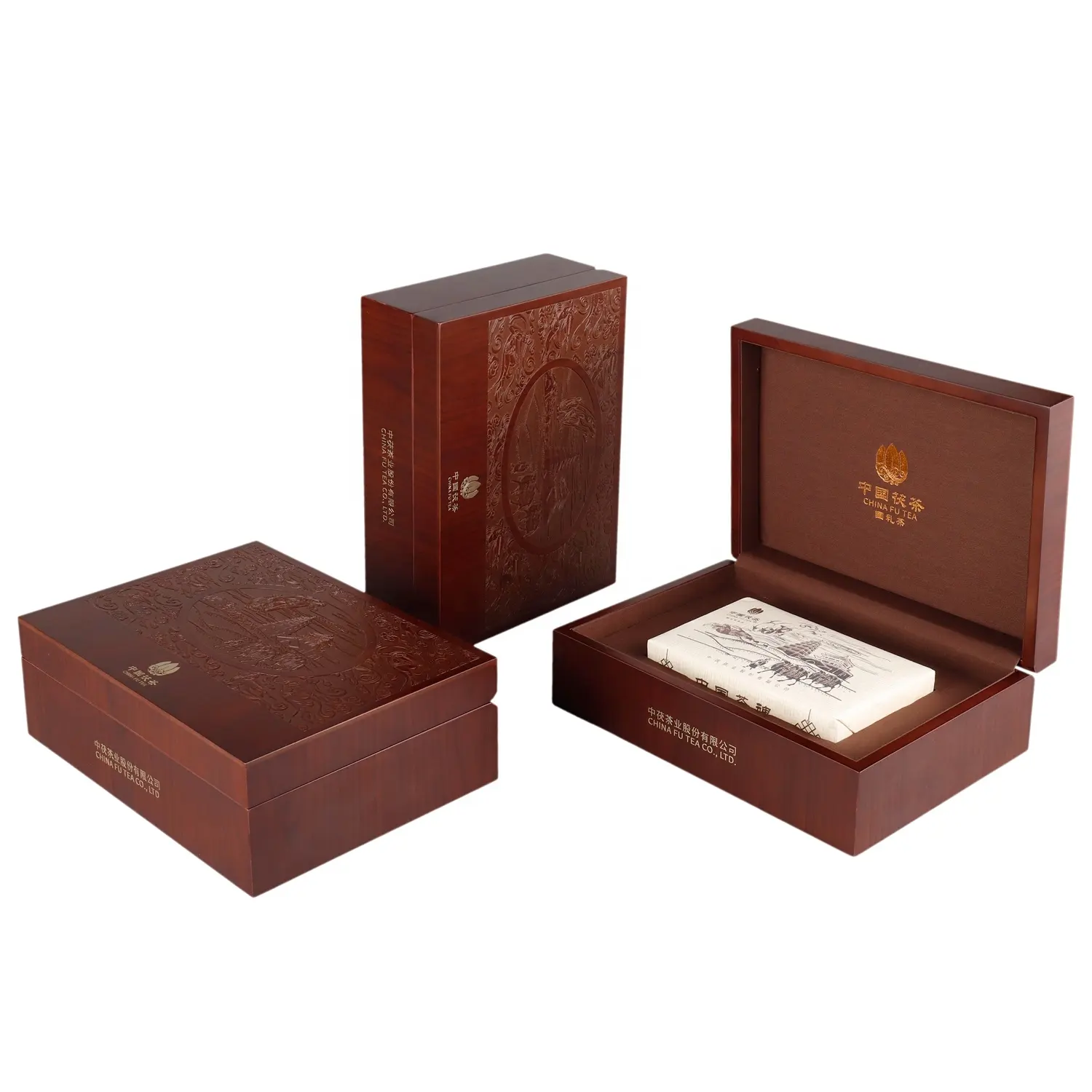 Retro láser patrón de Metal personalizado de logotipo de goma de madera maciza Natural lujo vacía caja de té de madera