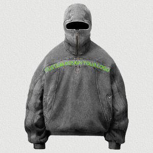 Áo hoodie nam dáng rộng cổ trễ vai, thiết kế mới, bán buôn, kiểu vintage, trơn, có thể tùy chỉnh, giặt acid, khóa kéo toàn thân, kiểu cũ - Product Image 1