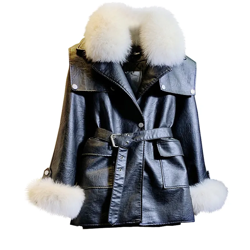 2022 cappotto in pelle a vita media e lunga con collo in vera pelliccia di volpe nuovo cappotto Parka spesso da donna in vita regolabile invernale