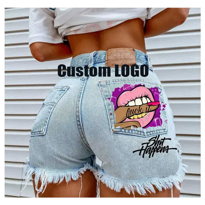 Pantalones cortos con logotipo personalizado para mujer, informales de Vaqueros cintura alta, moda de verano