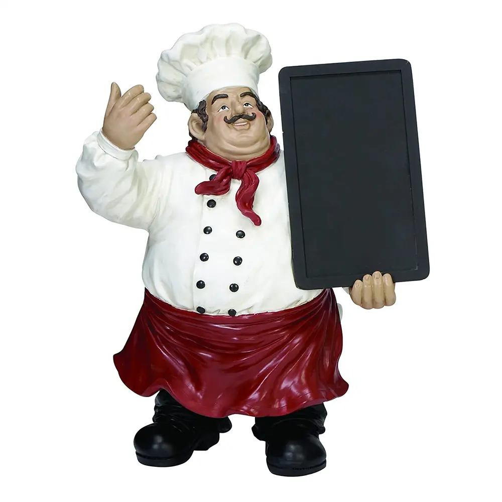 Atacado cozinha decor estátua de resina francês fat chef estatueta com placa de giz