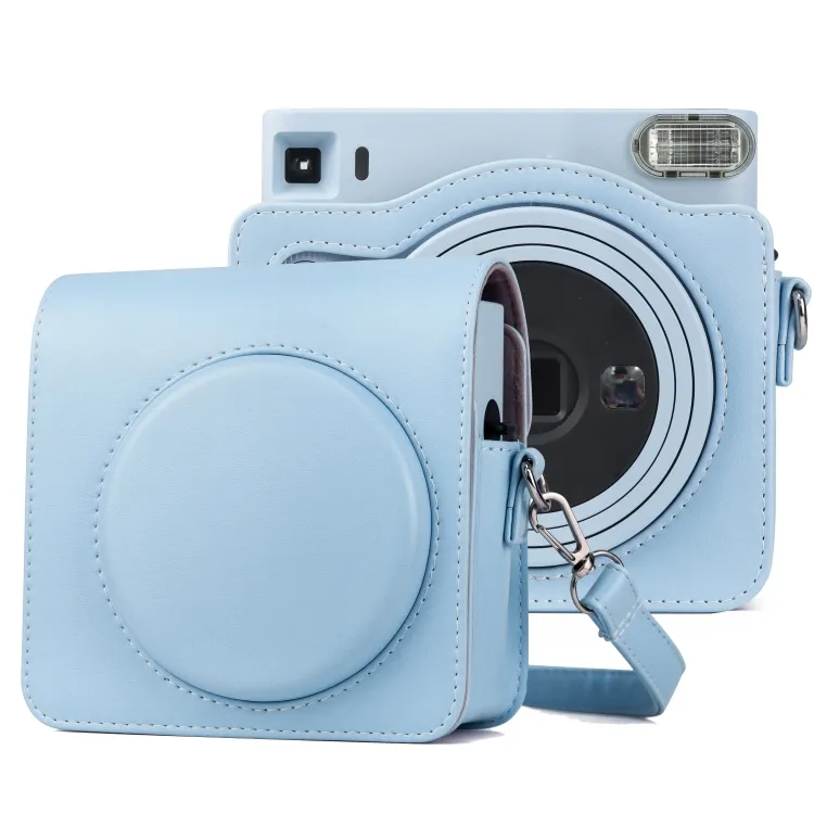 حقيبة كاميرا ذات تصميم أنيق مصنوعة من الجلد الصناعي بالكامل مزودة بشريط تصلح للاستخدام مع كاميرا FUJIFILM Instax Square SQ1 (أزرق)