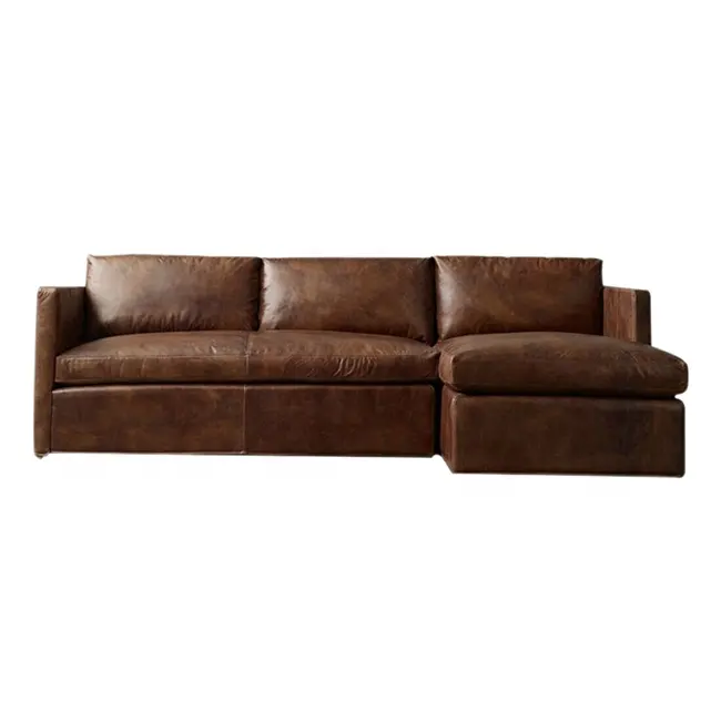 Luxury Vintage 100 Full Genuine Leather Sofa American Classic Brown L Shaped Sectional Sofa