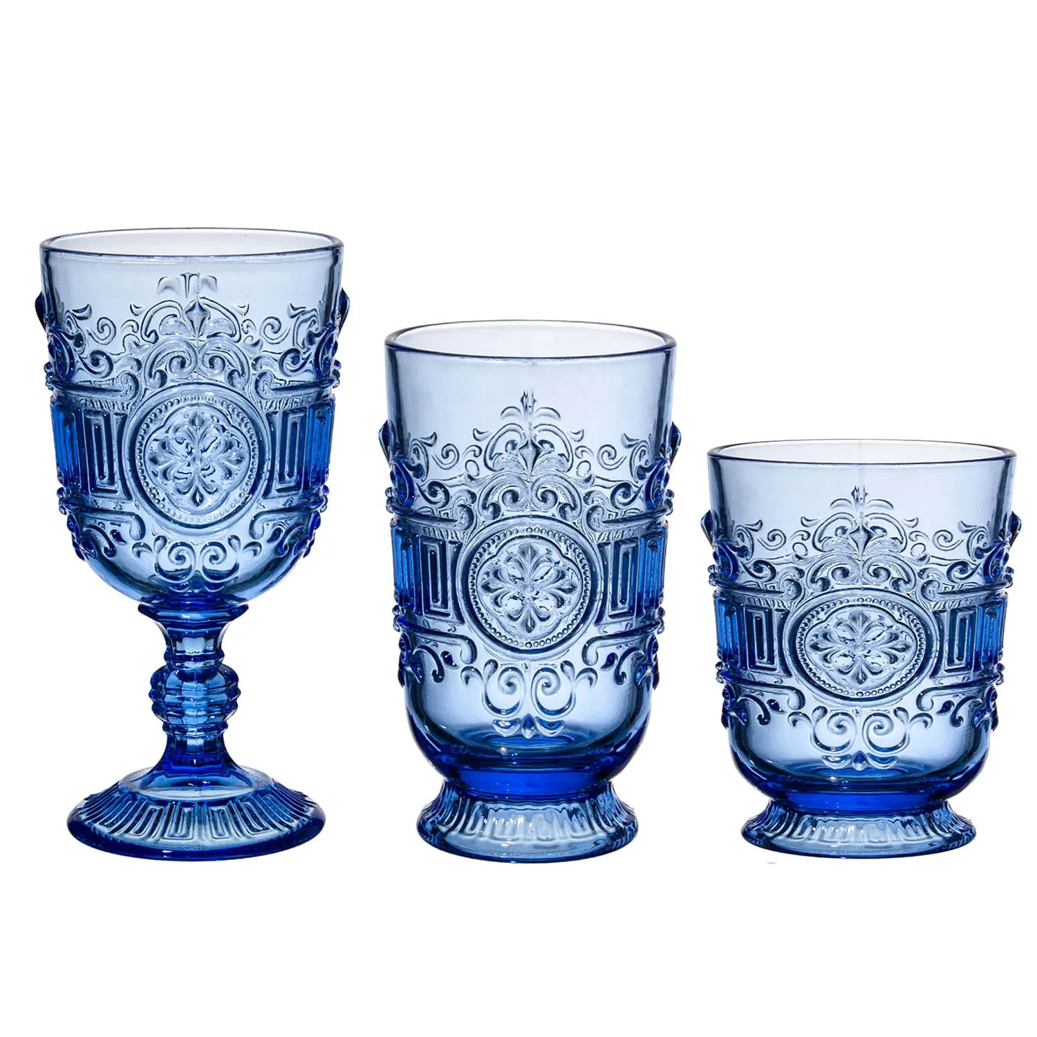 customize Drinking Glassware Wedding Vintage Embossed wine glass blue Colored Wine Goblet Glasses set