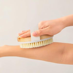 Dry Brushing Exfoliating Round Bath Brush Body Scrubber Wooden Brush with Massage-<strong>Nodules</strong> and Bristle-Fibers