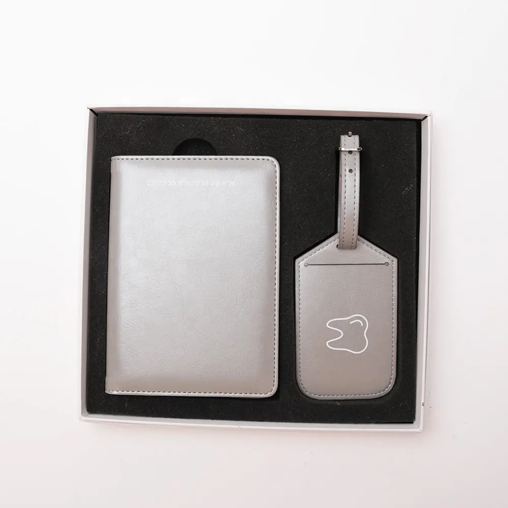 Honeymoon Travel Gifts Gray Color Custom Card Holder Wallet Passport Cover With Luggage Tag Set