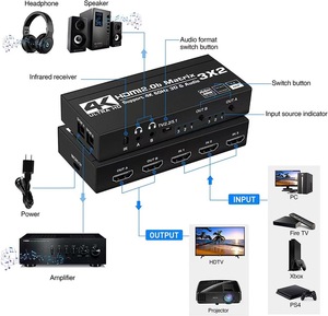 Extractor de Audio HDMI2.0b, 4K HDMI Matrix 3x2 3 en 2, conmutador de vídeo, divisor, compatible con HDCP2.2