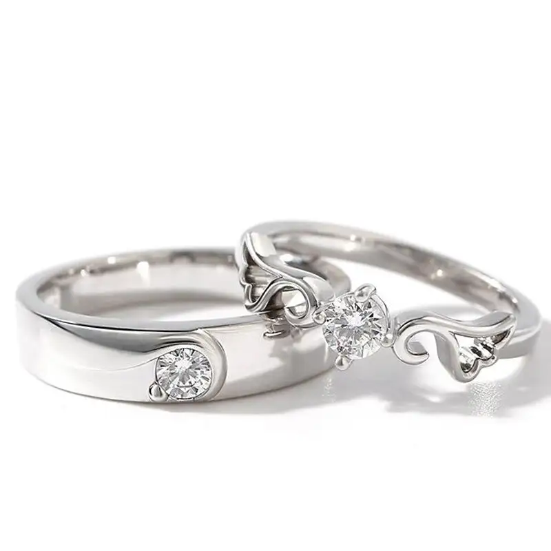 Cincin perak murni potongan bulat sayap malaikat cincin pasangan soliter cincin pernikahan pertunangan Moissanite