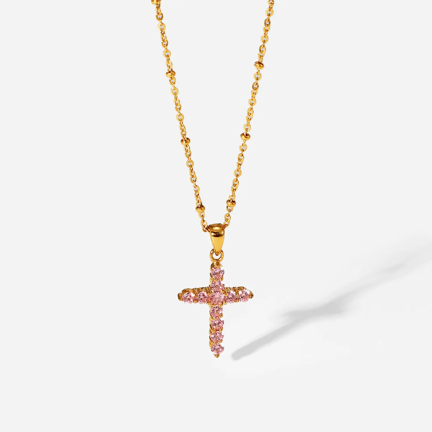 Gioielli religiosi cristiani Ins popolare collana con ciondolo croce in zircone rosa in acciaio inossidabile placcato oro 18 carati per le donne