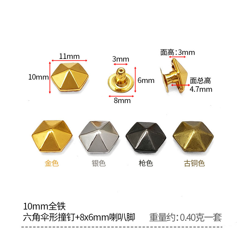Remache hexagonal de 10 mm con forma de paraguas y un juego de patas acampanadas de 8x6 mm.