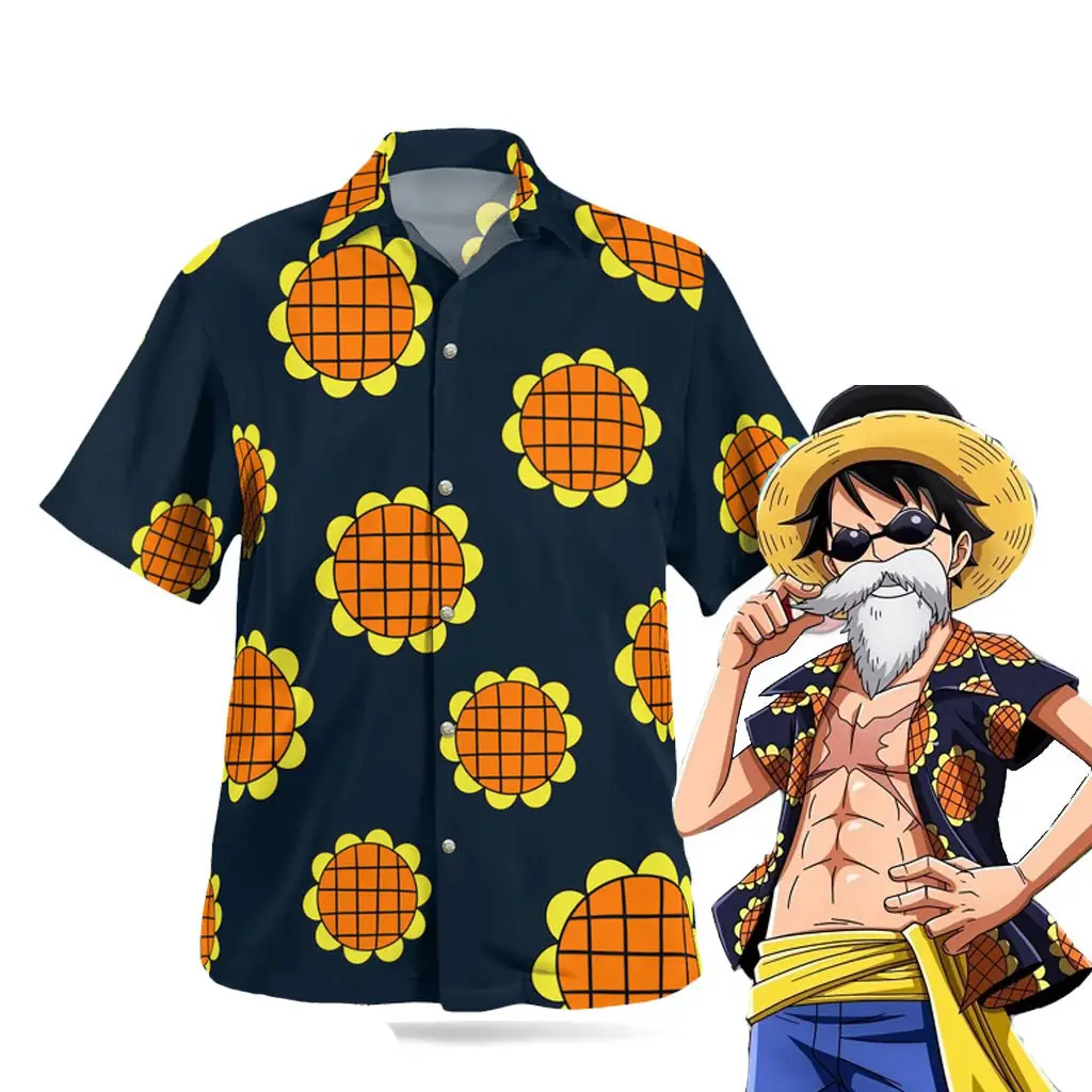 Luffy Dressrosa gömlek ayçiçeği desen basit tarzı gömlek Unisex OEM imalatı giyim baskılı Anime Hawaiian erkek gömleği