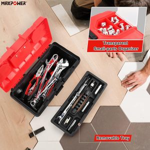 Maxpower工具箱红色14英寸塑料小工具箱，带可拆卸托盘，带双锁固定