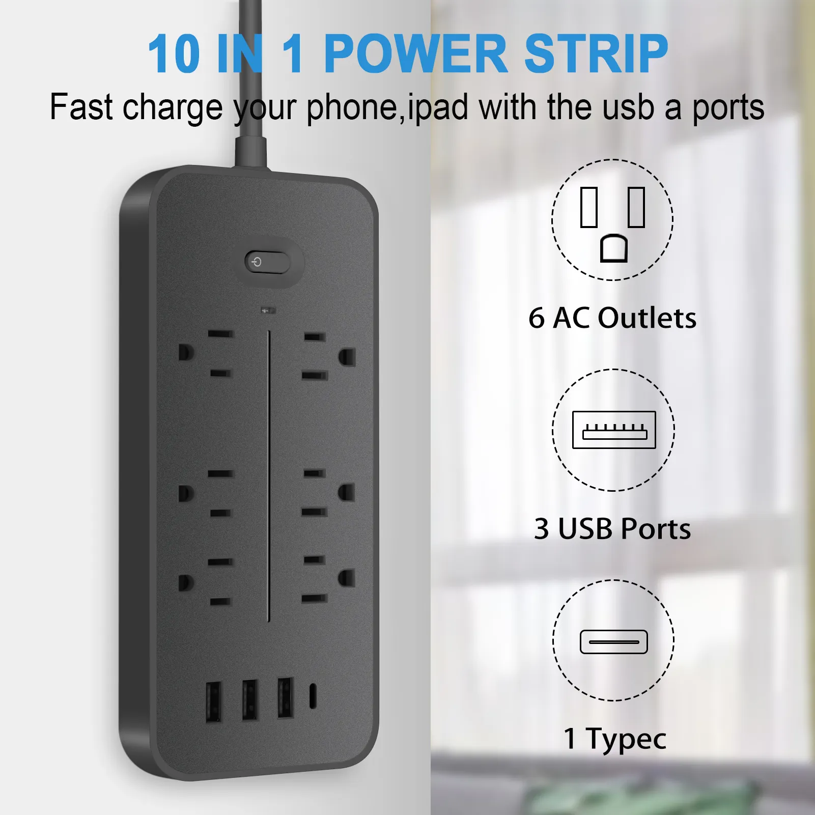 Fita de energia universal com 6 portas e 4 portas USB, adaptador de tomada de extensão de aterramento