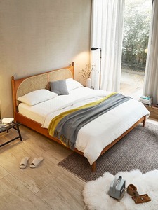 Nhật Bản Rắn Gỗ Nhà Ở Anh Đào Gỗ Đôi Cổ Điển Mây Dệt 1.51.8 Mét Hộ Gia Đình Nhỏ Giường Chính - Product Image 4