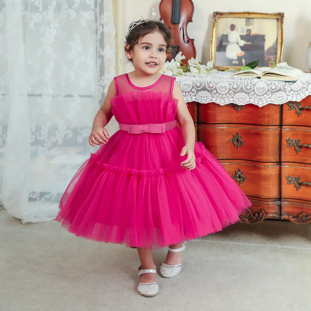 Bimbo comunione principessa spettacolo vestito da festa soffice garza abiti da cerimonia giallo rosa abiti per bambini per le ragazze