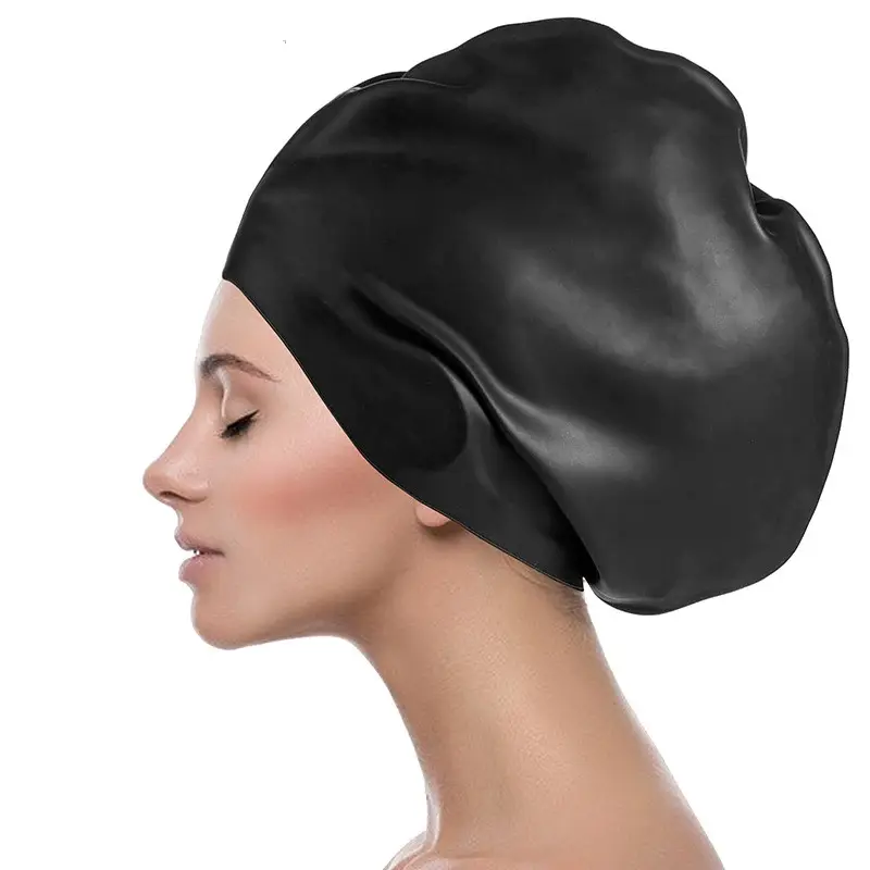 긴 두꺼운 곱슬 머리 사용자 정의 로고를위한 핫 세일 귀 보호 방수 실리콘 수영 모자