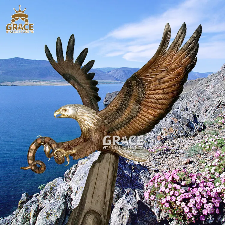 Park Decoration Metal Sculpture Life Size Flying Eagle Catching Snake Bronze Statue