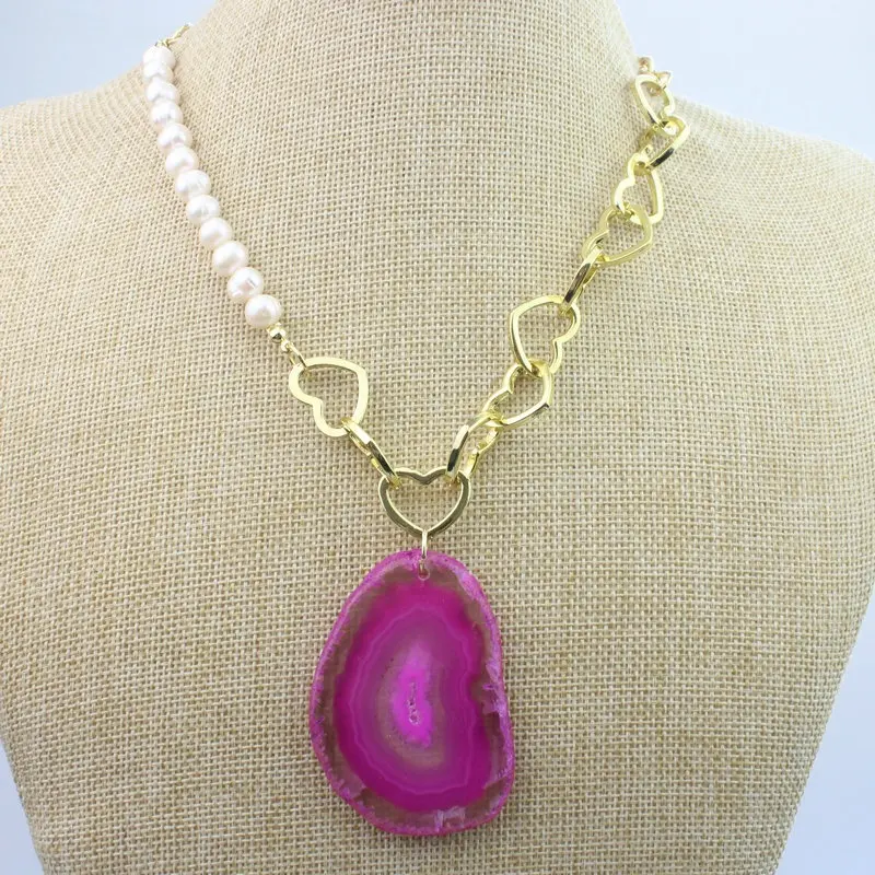 CH-JEN0654 collana di combinazione catena d'oro perla d'acqua dolce pendente agata all'ingrosso, nuova collana cuore gioielli moda pietra