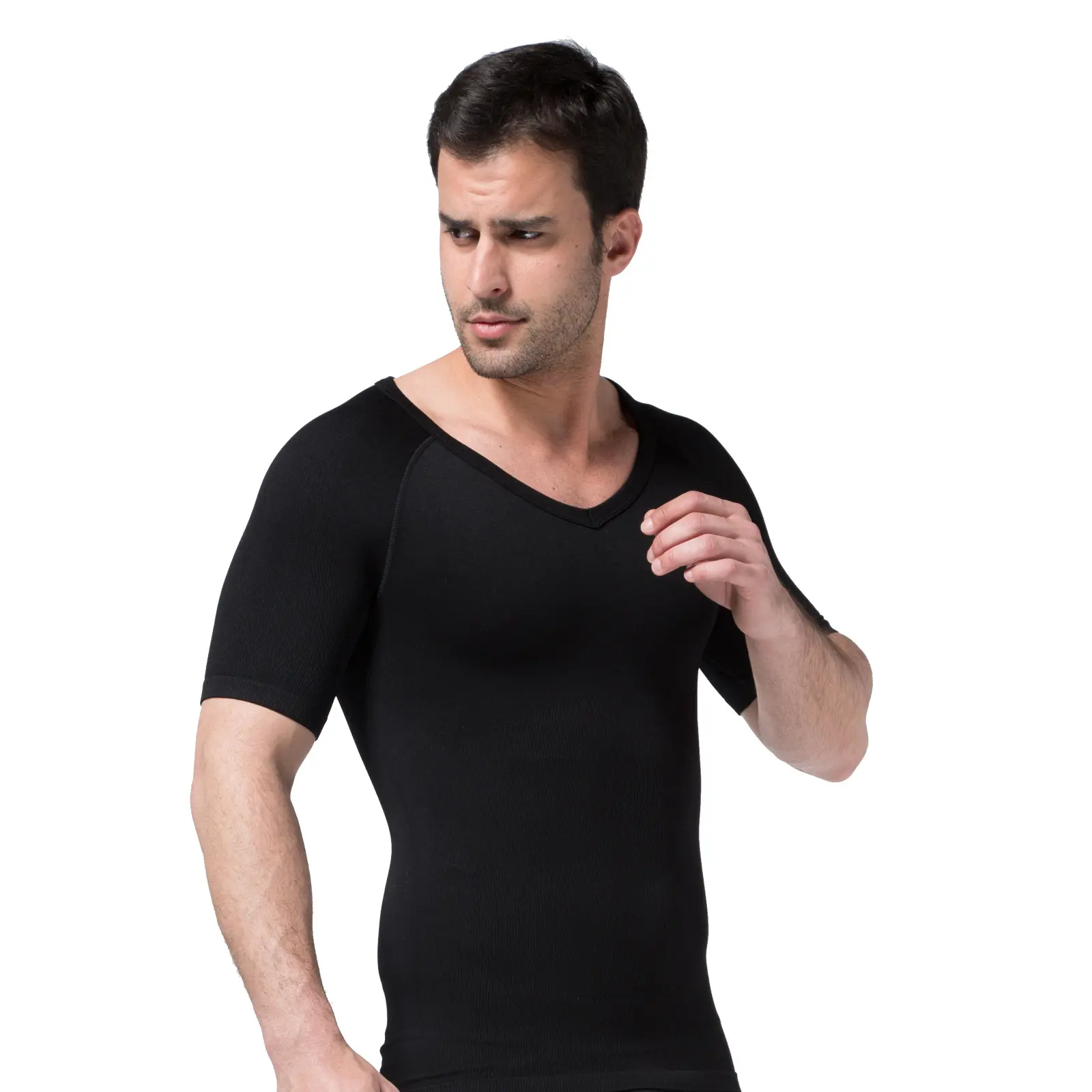 Men's V neck compression T-shirt fitness tummy control workout bodysuit short sleeve quick dry muscle top T-shirt