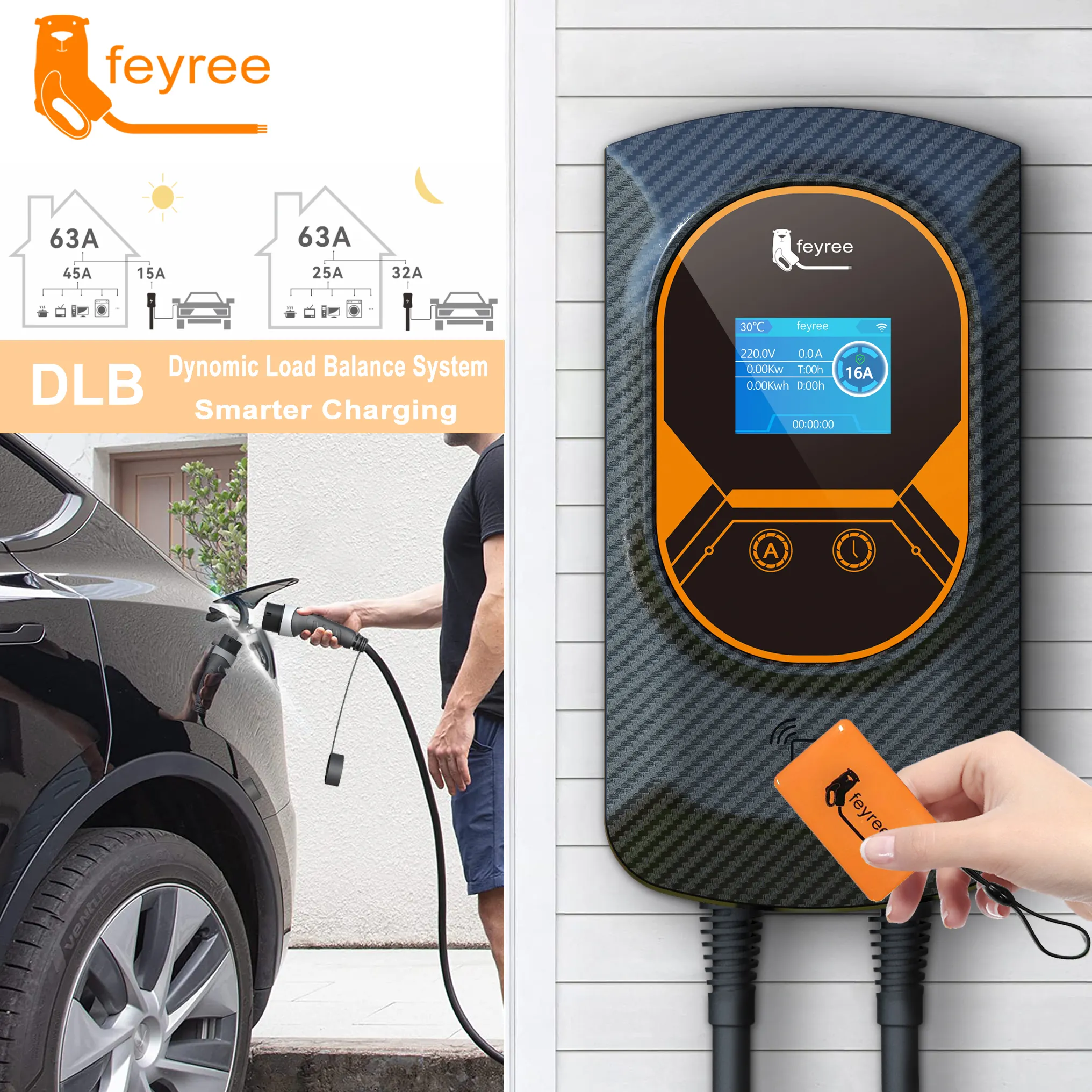 Feyree Dev เครื่องชาร์จ Type2 ocpp โหลด32A evse wallbox ฟังก์ชั่นแอพ11KW/22KW EV สถานีชาร์จเร็วสำหรับรถยนต์ไฟฟ้า