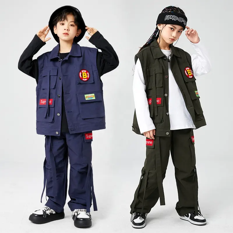 Ropa de Hip Hop para niños, chaqueta sin mangas para adolescentes, chaleco Cargo, pantalones holgados informales con cremallera para niñas y niños, traje de baile, ropa de espectáculo