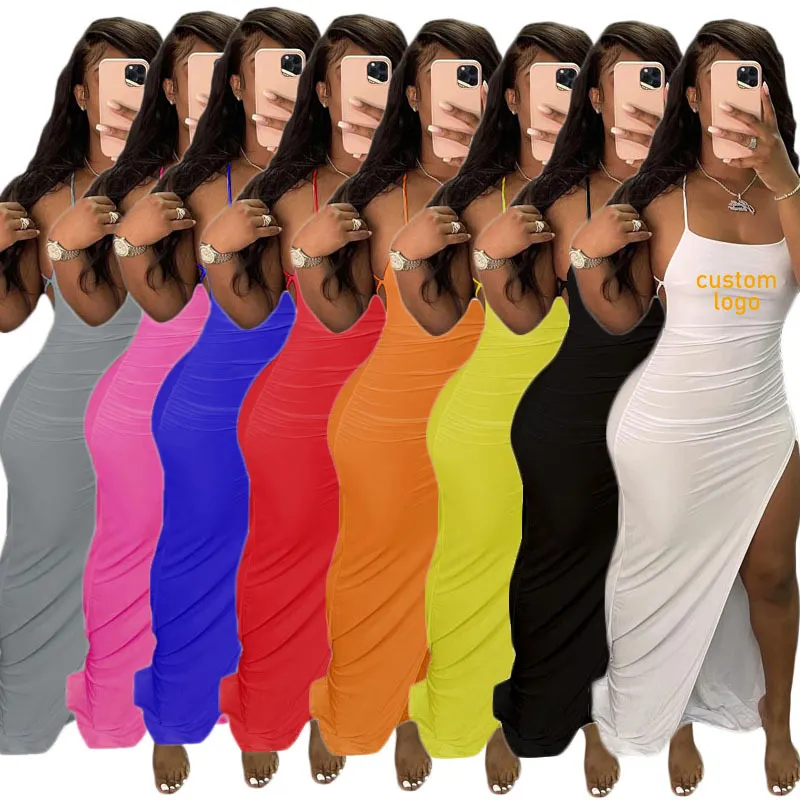 Vestido de verão para praia, vestido bodycon sem mangas e costas, cor sólida, logotipo personalizado, moda feminina, maxi-vestido dividido