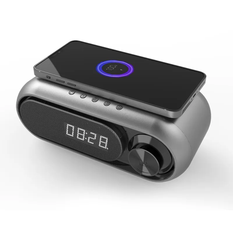2023 nouveau multifonction Mini Bt haut-parleur Fm Radio réveil 10w téléphone portable chargeur de charge sans fil avec Microphone