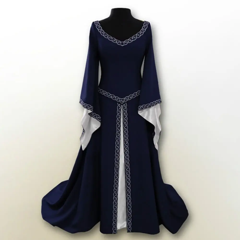 Longue robe noire et blanche avec col en V, Costumes de scène, de fête, style médiéval, Vintage, Cosplay