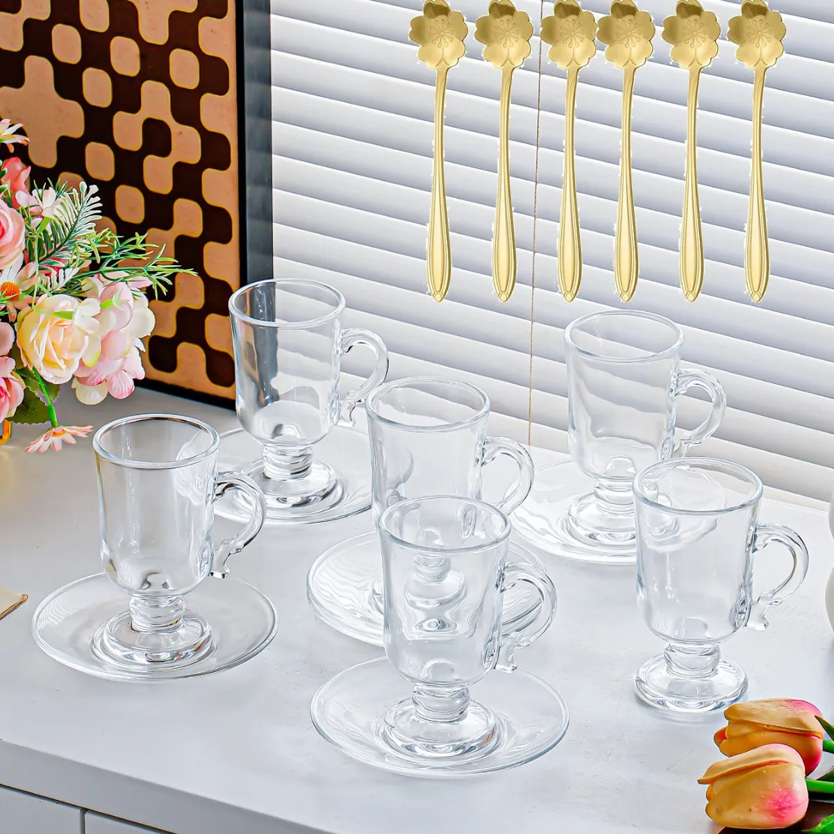 Copa de cristal con tallo - superficie lisa - 6 tazas, platillo y cuchara
