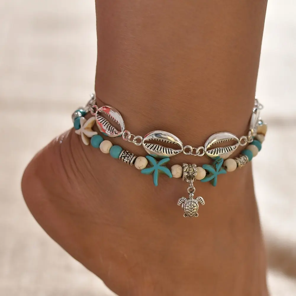 חדש מתכת מעטפת צב תליון Starfishs רגל שרשרת שתי חתיכה Anklets סטי תכשיטי סט Boho ים פגז Anklets