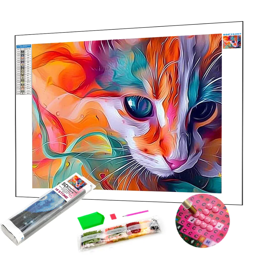 Pintura de cristais com strass de arte moderna, ponto de ponto de gato colorido, ponto de diamante personalizado, pintura de cristais com foto