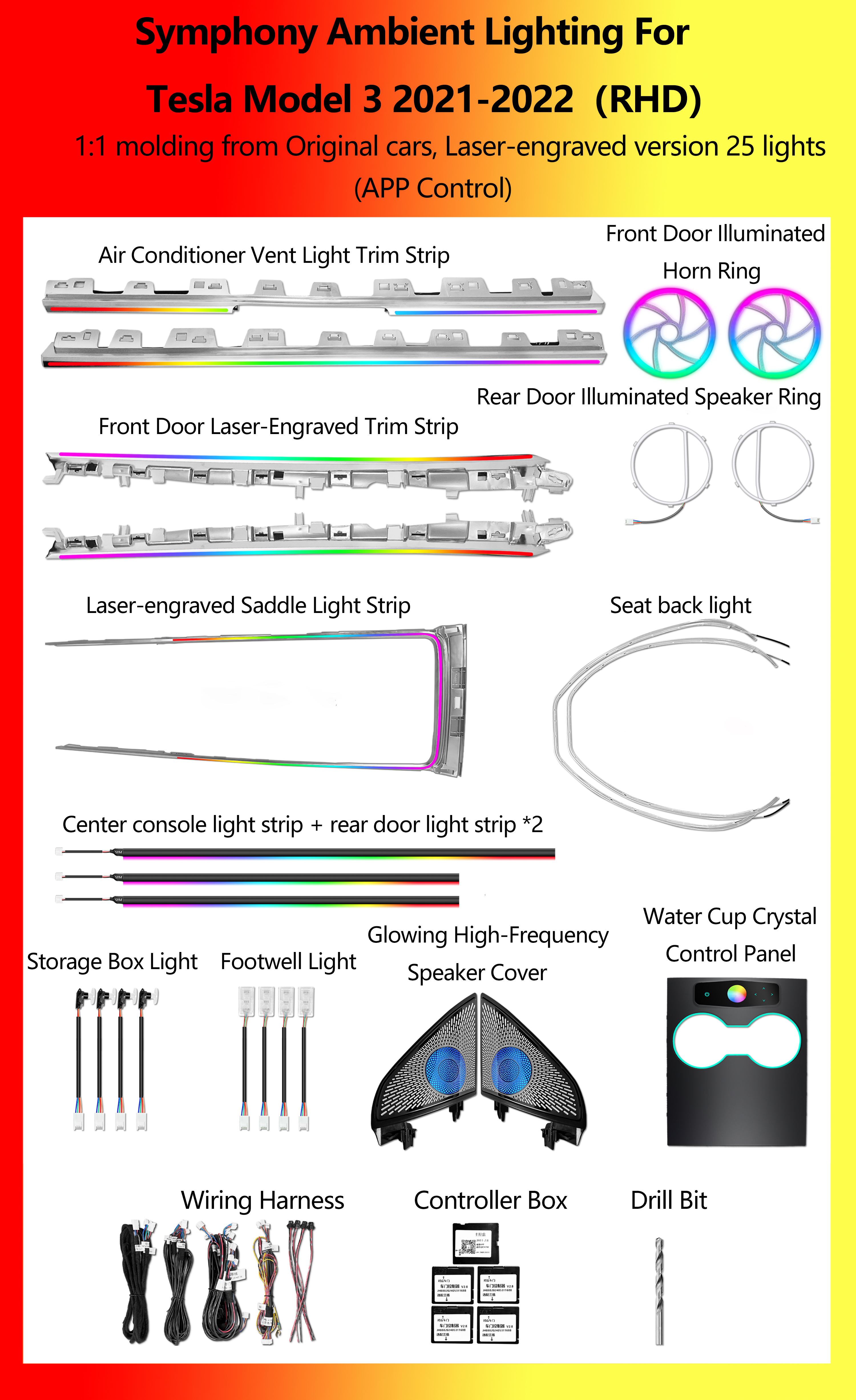 Tesla Model 3 Tipo Grabado Láser Sinfonía 25 Luces RHD
